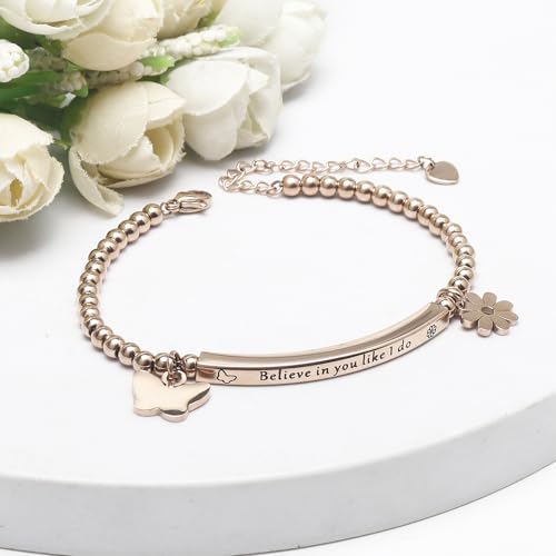 DS Women Christian Charm Bracelet,Cross Scripture Stainless Steel Jewelry - style: Believe in you like i do-Rose Gold