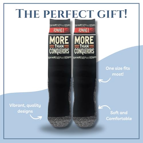 Bible Verse Socks for Men, Christian Scripture Crew Socks, Faith Gift - color: More Than Conquerors