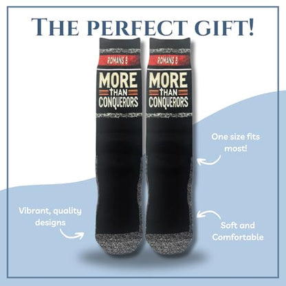 Bible Verse Socks for Men, Christian Scripture Crew Socks, Faith Gift - color: More Than Conquerors
