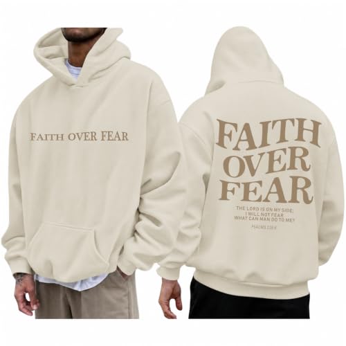 Mens Christian Faith Over Fear Hoodie Jesus Religious Graphic Hoodies Inspirational Bible Verse Vintage Sweatshirt - color: Apricot, size: Small