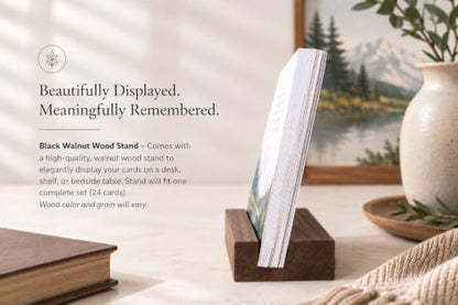 48 Encouraging Scripture Verse Cards with Walnut Wood Stand – 2 Unique Sets: Watercolor Nature & Elegant Black and White – Christian Desktop Bible Verse Affirmations for Daily Inspiration & Gifting