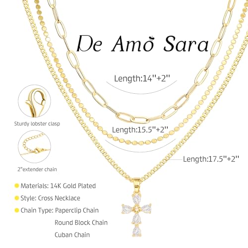 Cross Necklace for Women, Dainty 14K Gold Plated Cross Pendant Simple Long Necklaces for Women, Christian Faith Necklace Trendy Gold Jewelry Gifts for Easter - color: 3 layer zircon cross necklace
