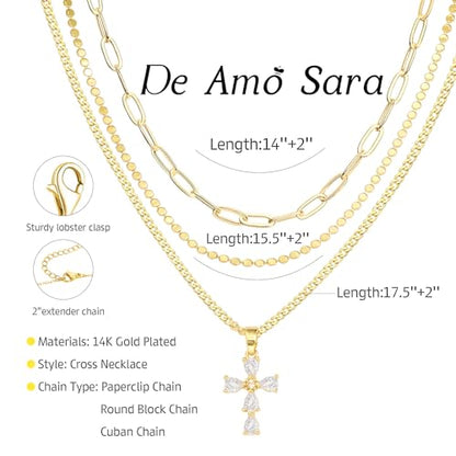 Cross Necklace for Women, Dainty 14K Gold Plated Cross Pendant Simple Long Necklaces for Women, Christian Faith Necklace Trendy Gold Jewelry Gifts for Easter - color: 3 layer zircon cross necklace