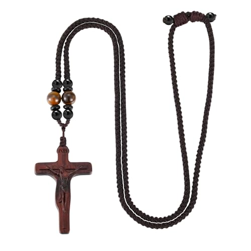MEALGUET Handmade Wooden Crucifix Cross Necklace with Jesus - Natural Solid Wood Adjustable Braided Rope Cross Necklace for Men Women Religious Jewelry,Catholic Gift for Baptism Confirmation Easter