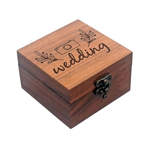 Handmade Walnut Wood Wedding Keepsake Box – 3.7"x3.7"x2.17" Jewelry Storage Gift Box with Engraved Camera & Floral Design – Ideal for Rings, Watches – Perfect for Wedding, Birthday, Christmas