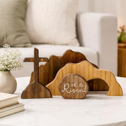 Christian Easter He is Risen Decor, Empty Tomb Cross Easter Decoration for Home, Easter Wooden Resurrection Scene Set Table Mantel Office Kitchen Decor Gift (Brown-4pcs)