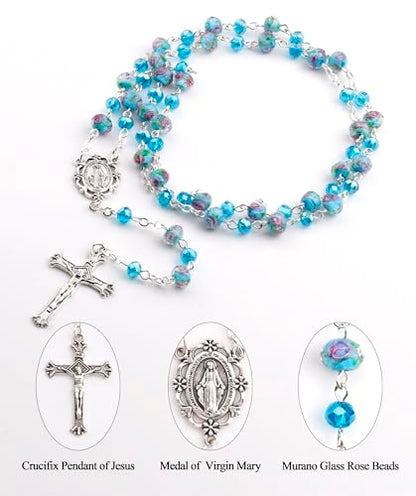 Murano Glass Rose Beads Catholic Virgin Mary Rosary Necklace Women - color: Lake Blue