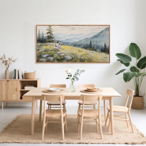 Aurlan Jesus Lost Sheep Psalm 23 Framed Canvas Wall Art 40x20 Inch - color: Jesus Lamb Landscape, size: 40"L x 20"W