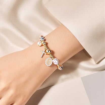 Rosary Cross Bracelet for Women, Gold Virgin Mary Rosary Beads Catholic Bracelet - style: big beads