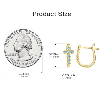 Turquoise Cross Hoop Earrings for Women 14K Gold Plated Infinity Angel Feather Pearl Turquoise Cross Star Hypoallergenic Post Christan Everyday Huggie Jewelry Gift - color: Gold Cross