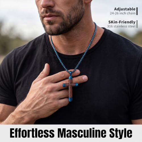 Wooden Cross Necklace for Men with Stainless Steel Adjustable Chain 24-26in, Christian Wood Crucifix Pendant Gift for Him - style: Blue Ebony