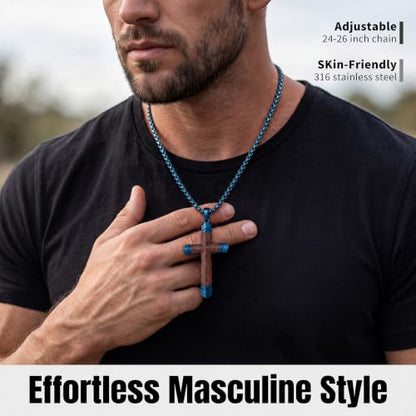 Wooden Cross Necklace for Men with Stainless Steel Adjustable Chain 24-26in, Christian Wood Crucifix Pendant Gift for Him - style: Blue Ebony