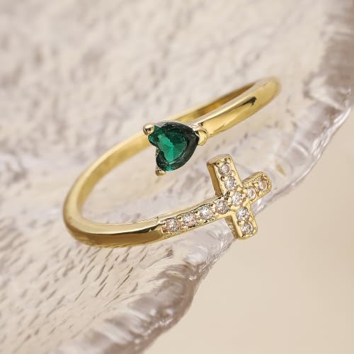 14K Gold Plated CZ Cross Heart Ring Eternity Promise Jewelry for Her - style: Green Stone