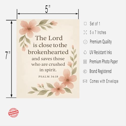 PICTURE THIS PRINTS Psalm 34:18 Prayer Encouragement with Bible Verse Greeting Card, Christian Comfort Sympathy Card, Religious Thinking of You Greeting, Comes with Envelope (5x7”)
