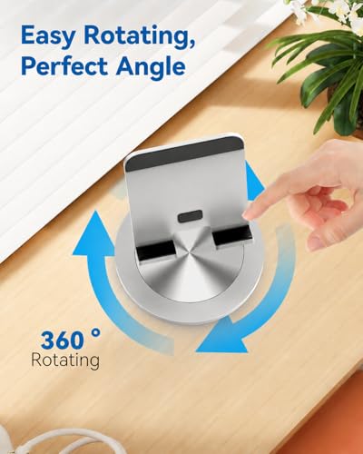 Phone Stand for Desk, 360° Rotating Dual Adjustable Foldable Cell Phone Holder, Heavy Solid All-Aluminum Base Anti-Slip Stable Support for Home Office Study, Fits iPhone Galaxy 4-8" Phones - color: Silver