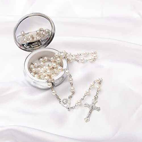 Rosary Beads Catholic - Confirmation Gifts for Teenage Girl, Silver Simple Style Metal Gift Box, White Artificial Pearls Rosary, Gifts for Women - color: 1