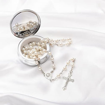 Rosary Beads Catholic - Confirmation Gifts for Teenage Girl, Silver Simple Style Metal Gift Box, White Artificial Pearls Rosary, Gifts for Women - color: 1