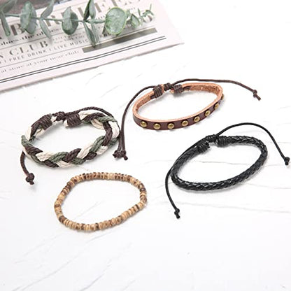 HZMAN Handmade Hemp Cords Wood Beads Leather Bracelets for Men Women - style: Cross Braided