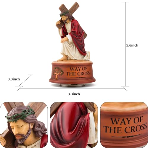 Way of The Cross Jesus Figurine Music Box,Christian Religious Collectible Statue Playing How Great Thou Art,Hand-Painted Jesus Carrying Cross Figurine,Faith Based Prayer Corner Decor,Lent Easter Gift