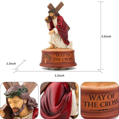 Way of The Cross Jesus Figurine Music Box,Christian Religious Collectible Statue Playing How Great Thou Art,Hand-Painted Jesus Carrying Cross Figurine,Faith Based Prayer Corner Decor,Lent Easter Gift