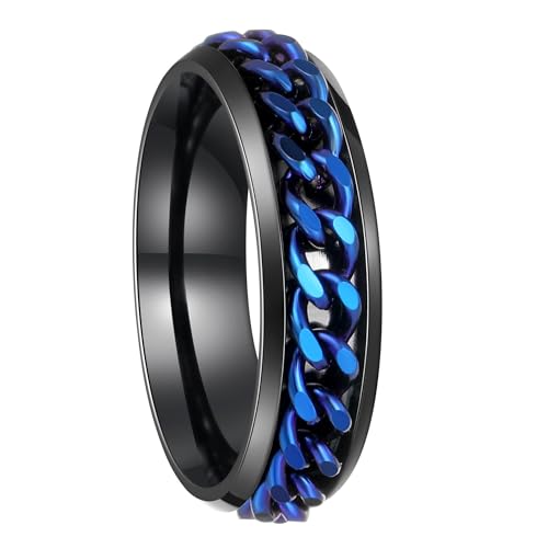 Mens Fidget Rings Anxiety Ring for Men 6mm 8mm Chain Spinner Ring Size 5-14 - color: Titanium Black Blue