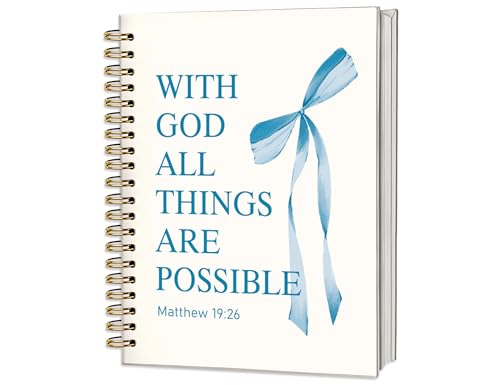 Blue Bible Journal for Women, A5 Spiral Christian Notebook & Study Supplies, Cute Hardcover Coquette Bow Diary with Scripture Matthew 19:26 for Church Notes, Prayer & Teen Girls.5.5 x 8.3 Inch - color: (Blue) Matthew 19:26