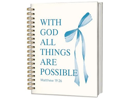 Blue Bible Journal for Women, A5 Spiral Christian Notebook & Study Supplies, Cute Hardcover Coquette Bow Diary with Scripture Matthew 19:26 for Church Notes, Prayer & Teen Girls.5.5 x 8.3 Inch - color: (Blue) Matthew 19:26