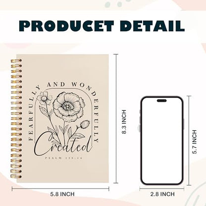 BearCake Floral Christian Notebook Journal, Christian Gifts for Women, Fearfully and Wonderfully Bible Journaling Prayer Journal for Women, Neutral Hardcover Spiral Notebook 5.5x8.3 - color: white Bible-139/14