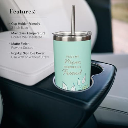 Christian Art Gifts Reusable Stainless Steel Tumbler Travel Mug & Straw - color: Mint Green/Mom