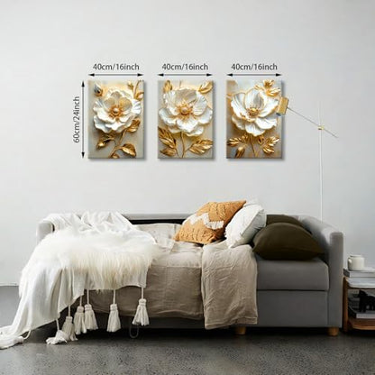 WENGTIAO Modern White Floral Golden Leaves Canvas Wall Art Set 16x24 x3Pcs - color: Flower-golden leaf, size: 16"x24"x3Pcs