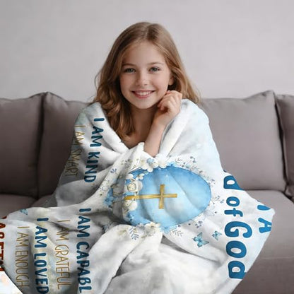 KiKiLuna Personalized Child of God Flannel Throw Blanket, 4 Background Colors, 7 Center Designs, Custom Name Christian Easter Affirmation Cozy Gift for Kids - color: Design 12
