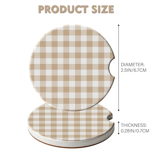 2 Pack Car Coasters for Cup Holders, Cute Car Accessories Interior (Grid-Brown White) - color: Grid-brown White