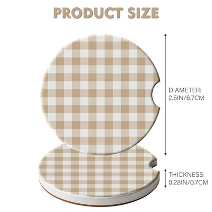 2 Pack Car Coasters for Cup Holders, Cute Car Accessories Interior (Grid-Brown White) - color: Grid-brown White