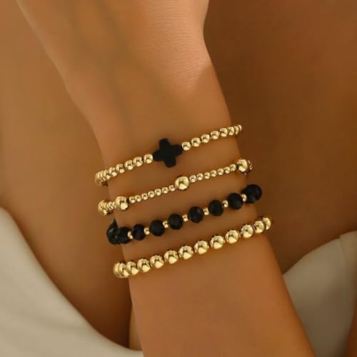 Colorful Cross Charm Bracelets for Women Men Adjustable Gold Plated Beaded Bracelet Boho Bead Ball Stretch Bracelet Birthday Summer Beach Jewelry - color: Black C
