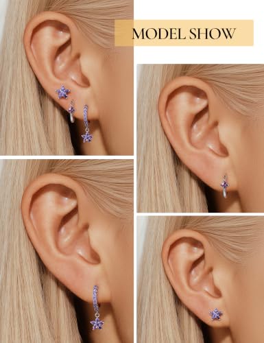 Angelady Gold Hoop Earrings Set for Women, Dainty 14K Gold Plated Flower Moon Cross Dangle Earrings, Hypoallergenic Huggie Hoop Earring Stacks, Stud Earrings for Women Trendy Jewelry Gift - color: Silver Purple CZ