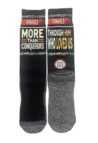 Bible Verse Socks for Men, Christian Scripture Crew Socks, Faith Gift - color: More Than Conquerors