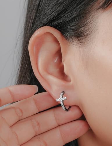 IMOLOVE Huggie earrings for women Ear Cuff Moissanite Stud Earrings Hypoallergenic Earrings for Women Sterling Silver with 18K White Gold Plated Earrings - color: 15.8mm Cross Hoop-White