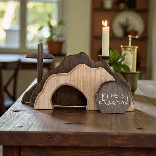 Wooden Easter Empty Tomb Decoration Set with Cross and Figurines, he is Risen, Jesus Resurrection Scene Christian Decor for Home, Church, Office, Shelf Display, Easter Table Decor (#C) - color: #C