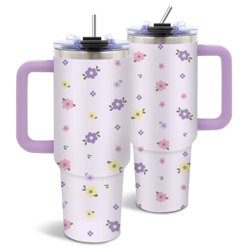 Purple Floral 40oz Tumbler with Handle Straw, Cute Flower Gifts for Women - color: Floral1