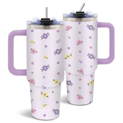 Purple Floral 40oz Tumbler with Handle Straw, Cute Flower Gifts for Women - color: Floral1