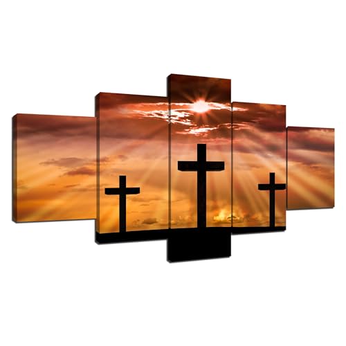 Crucifixion of Jesus Christ Wall Art Three Crosses on Sunset Canvas Prints Wall Decor Cross Silhouette Picture Painting for Office Living Room Decoration Poster Framed Ready to Hang(60''Wx32''H) - color: Artwork-007