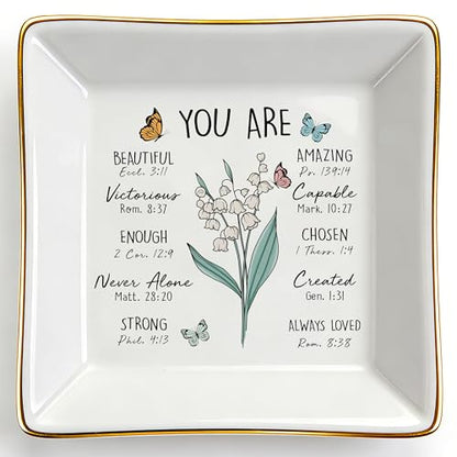 PUDDING CABIN Birthday Gifts for Women, Lily of the Valley Scripture Christian Ring Dish - style: Lily of the Valley: Happiness, Humility, Sweetness(May Birth Flower)