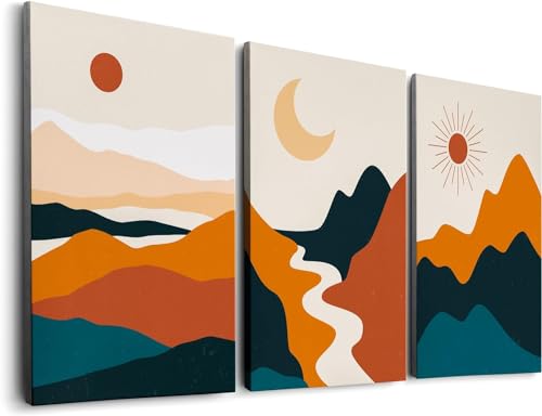 Home & Honor Mountain Canvas Boho Wall Art Nature Abstract Wall Decor Modern Mid Century Landscape Artwork Sun And Moon Prints Pictures for Office Living Room Bedroom Set of 3 Pieces - 12'' x 16'' - color: Mountain