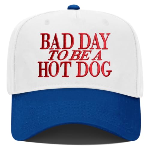 Put It On My Husband's Tab Funny Trucker Hats Women Vintage Adjustable Baseball Cap Embroidery Fashion Trucker Hat - color: Bad Day to Be a Hot Dog - Red/Blue