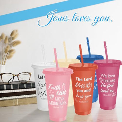 Cinrobiye 24 Pack Christian Tumblers with Lids and Straws, 24 oz Bible Verse Cups Bulk, Reusable Plastic Cups with Scripture, Religious Gifts Bulk for Church Events, Baptism, Bible Faith Celebrations - color: Morandi2