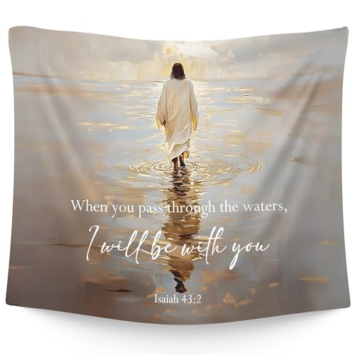 WAITPI Vintage Christian Jesus Pass through The Waters Hanging Wall Tapestry for Bedroom, Bible Verse I Will Be with You Tapestries, Rustic Wall Decor Tapestry for Prayer Room Church 50x60in - color: water, size: 60"L x 50"W
