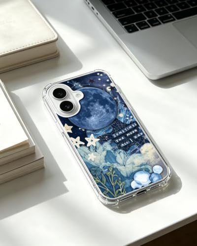 Blue Moon Sky Stars Aesthetic Phone Case Compatible with iPhone 17, Celestial Flowers Phone Cover for iPhone 17 - color: Blue Moon Sky