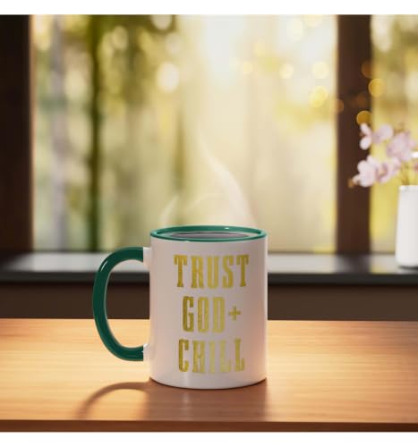 Trust God & Chill Christian Faith Jesus Church Pastor Funny Ceramic Mug, Dark Green/White, 11oz - color: Dark Green/White, size: 11 Ounces