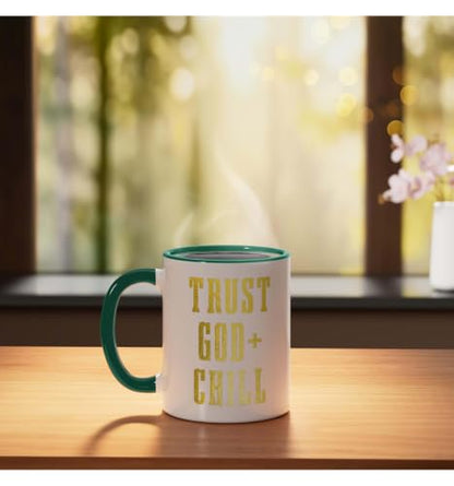 Trust God & Chill Christian Faith Jesus Church Pastor Funny Ceramic Mug, Dark Green/White, 11oz - color: Dark Green/White, size: 11 Ounces