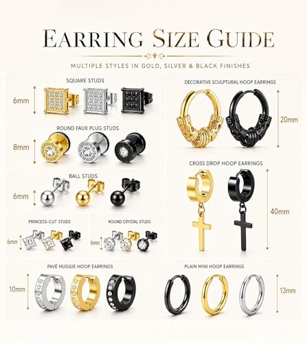 25 Pairs Earrings Set for Men and Women, Black Silver 14K Gold-Plated Mixed Earring Studs Kit Fashion Ear Piercing Jewelry Cross Dangle Hoop